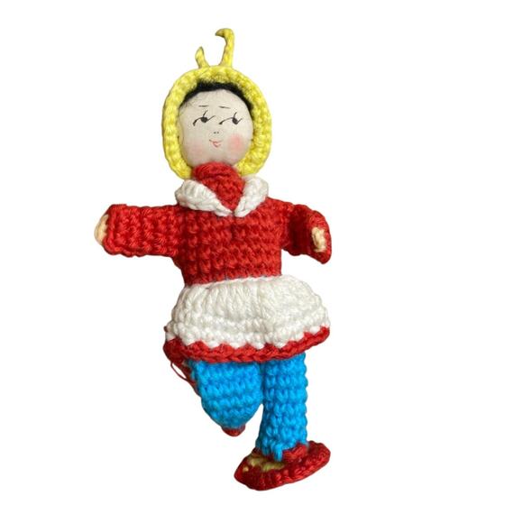 Vintage Amigurumi Japanese Crochet Doll 3" Silk Face Red Blue - Picture 2 of 6